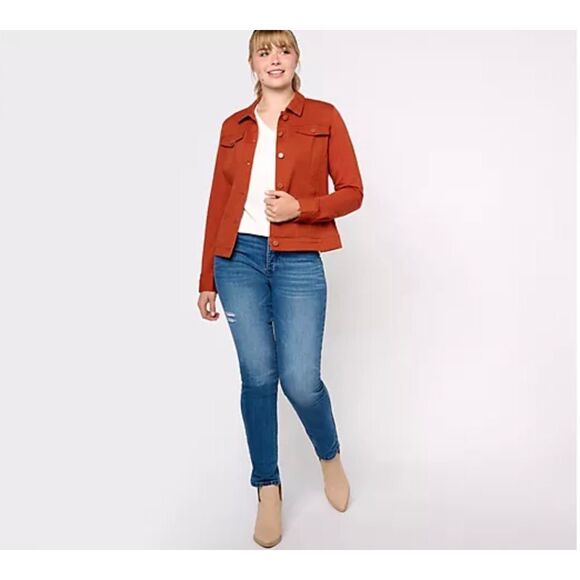 Belle by Kim Gravel Womens 2X Button Front Twill Jacket Knit Back Rust NWOT - Picture 1 of 9